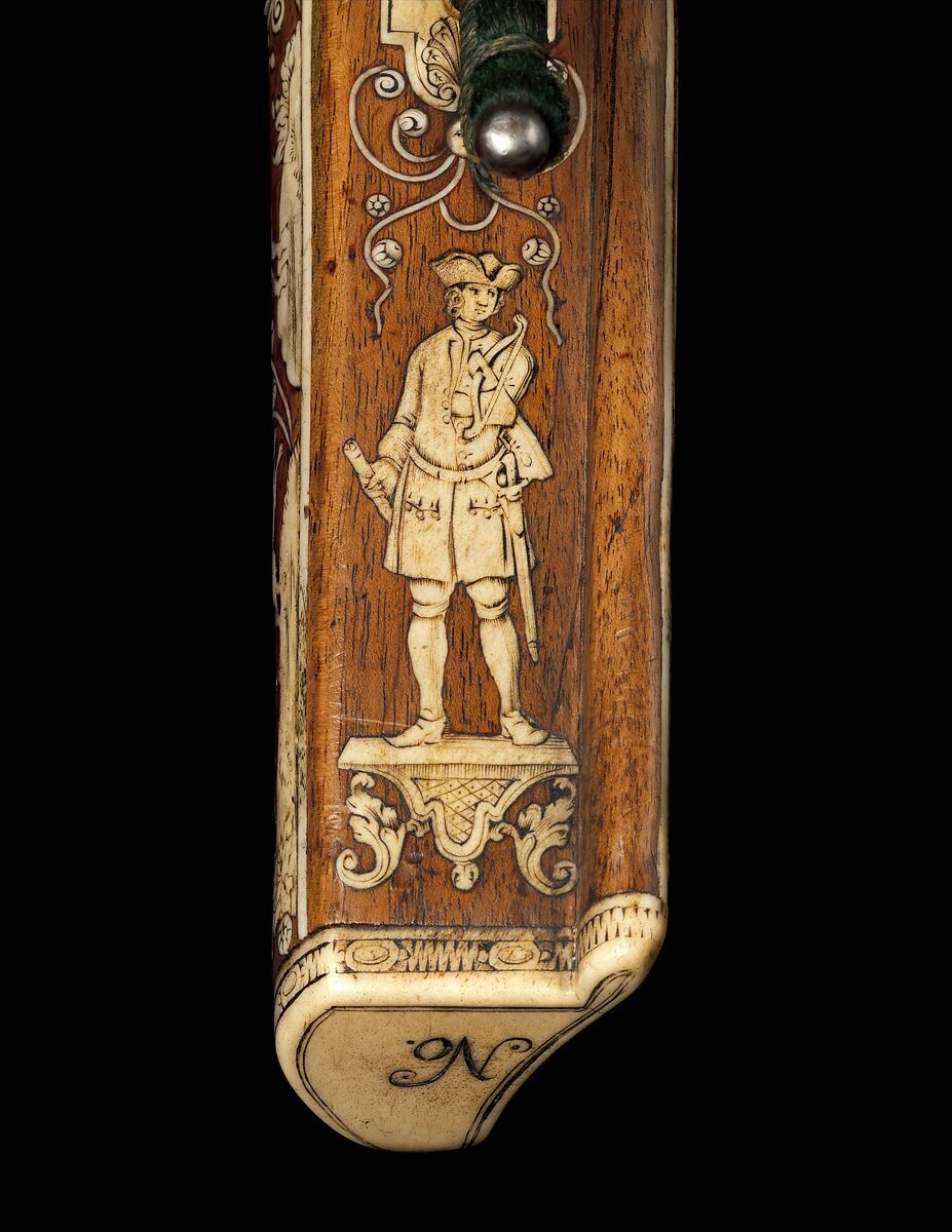 Crossbow (Halbe Rüstung) with Winder (Cranequin), Crossbow attributed to Johann Gottfried Hänisch the Elder (German, Dresden 1696–1778), Steel, wood (walnut), staghorn, copper alloy, hemp, leather, silk, gold, iron alloy, wool, crossbow, German, probably Dresden; winder, possibly German