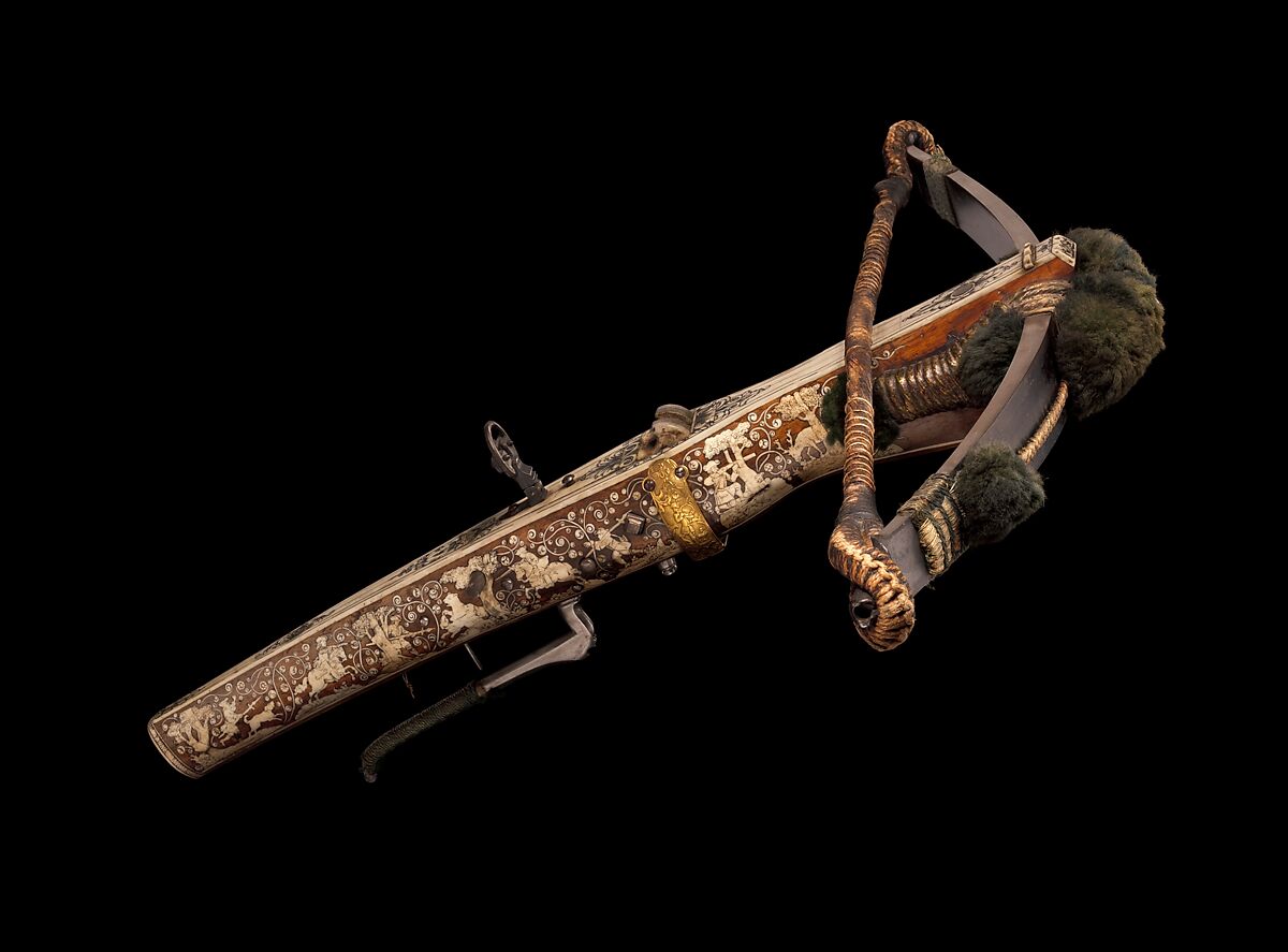 Crossbow (Halbe Rüstung) with Winder (Cranequin), Crossbow attributed to Johann Gottfried Hänisch the Elder (German, Dresden 1696–1778), Steel, wood (walnut), staghorn, copper alloy, hemp, leather, silk, gold, iron alloy, wool, crossbow, German, probably Dresden; winder, possibly German