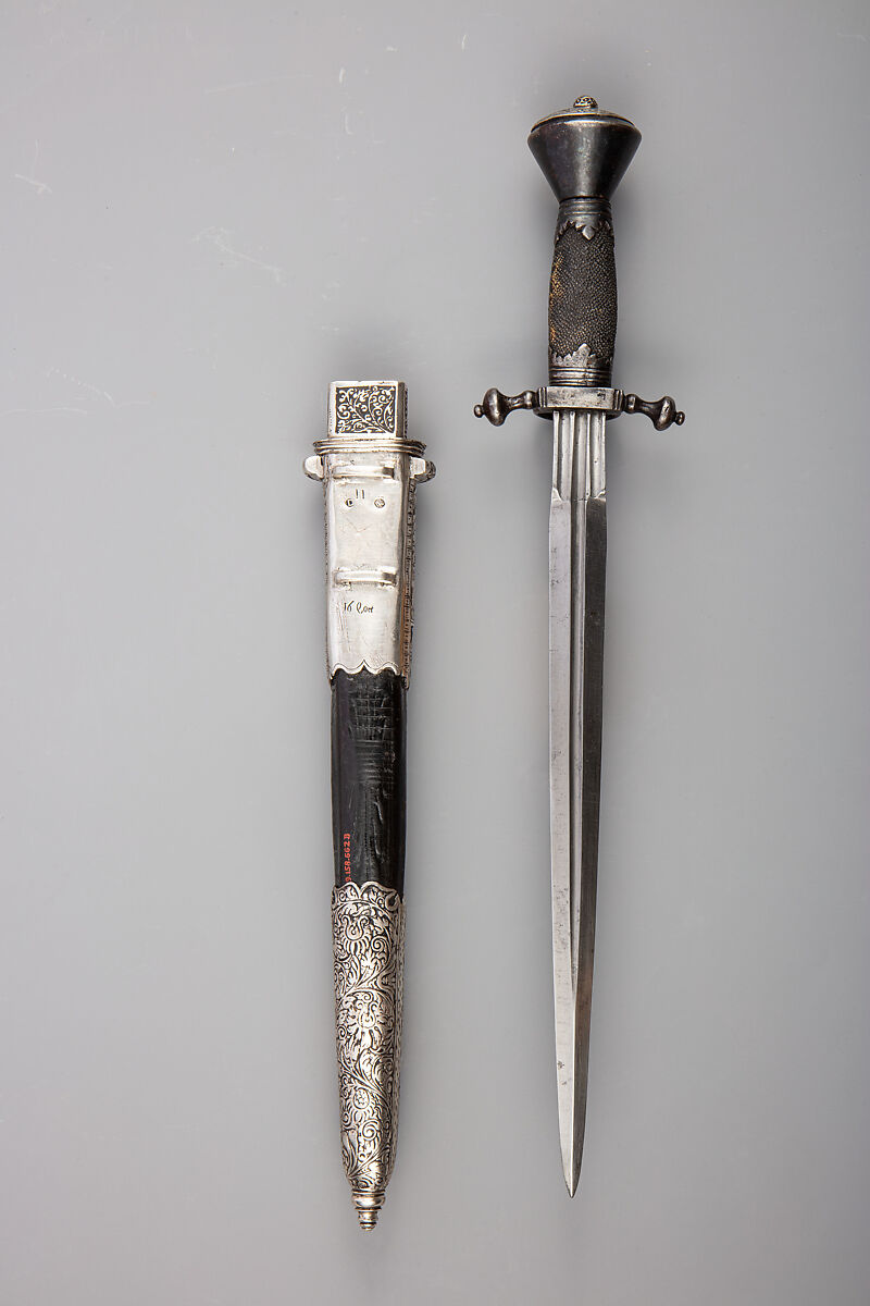 Dagger with Scabbard, Wolf Paller (German, Dresden, died 1583), Steel, silver, ray skin, leather, wood, German, Dresden