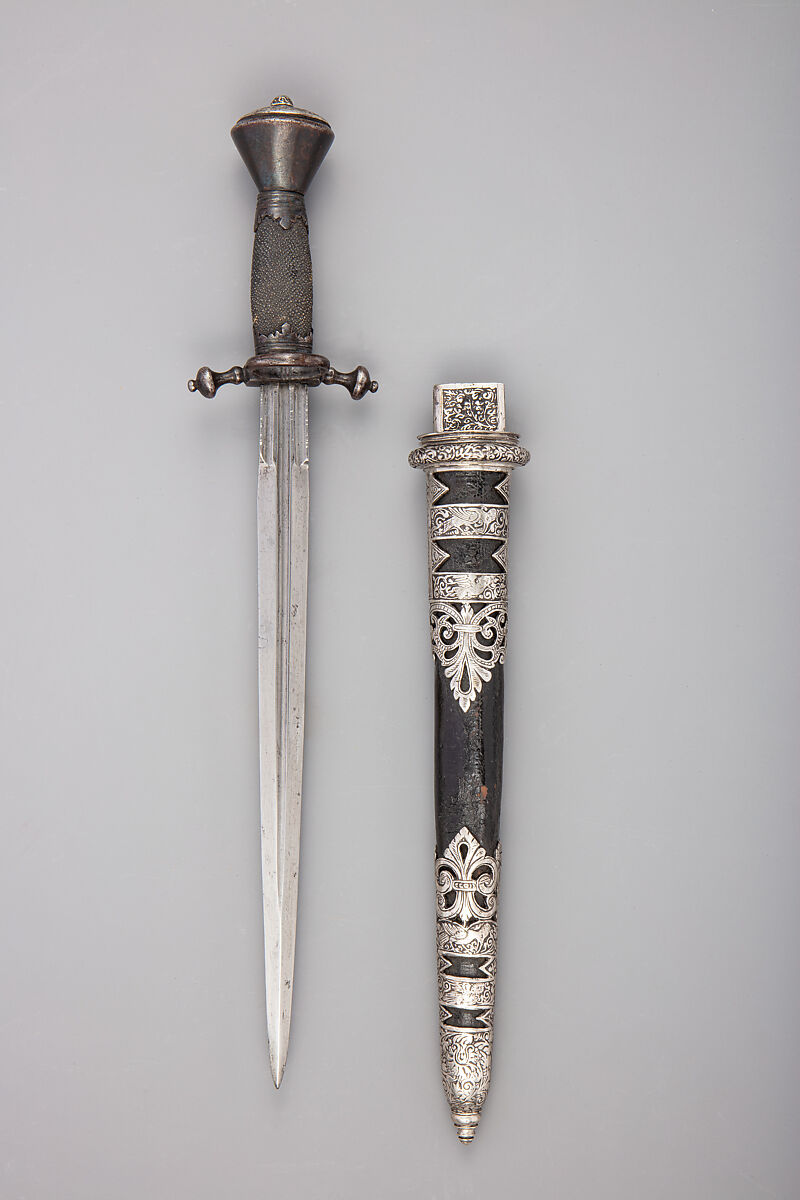 Dagger with Scabbard, Wolf Paller (German, Dresden, died 1583), Steel, silver, ray skin, leather, wood, German, Dresden 