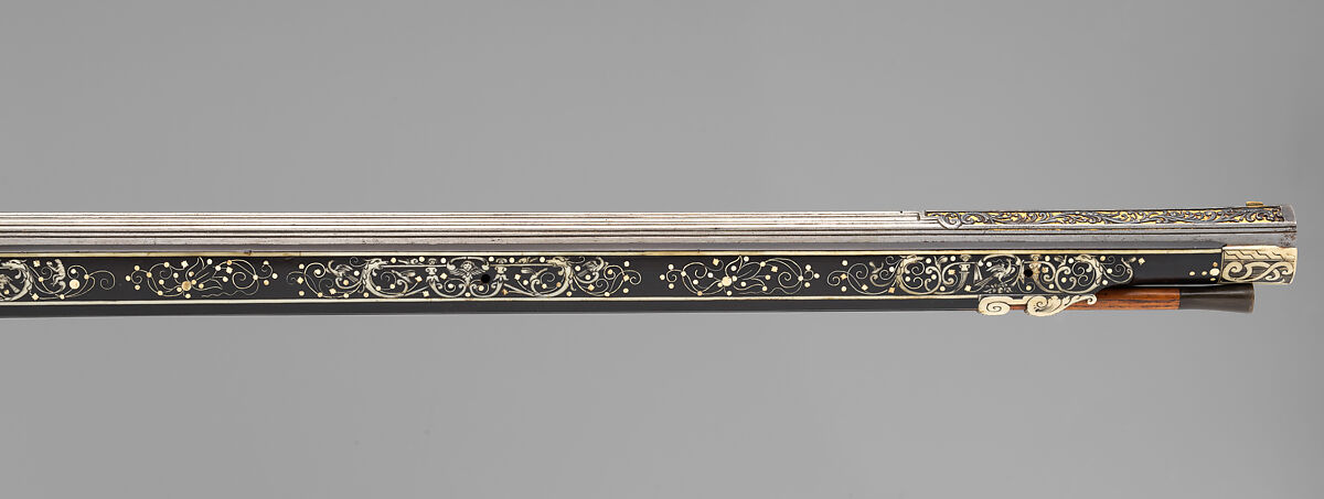Wheellock Rifle, Caspar Spät (German, Munich, ca. 1611–1691), Steel, gold, wood (ebony), staghorn, bone, German, Munich and Augsburg