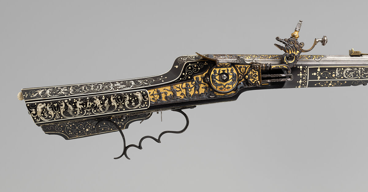 Wheellock Rifle, Caspar Spät (German, Munich, ca. 1611–1691), Steel, gold, wood (ebony), staghorn, bone, German, Munich and Augsburg