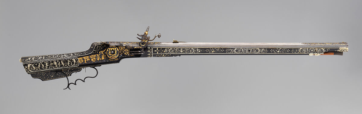 Wheellock Rifle, Caspar Spät (German, Munich, ca. 1611–1691), Steel, gold, wood (ebony), staghorn, bone, German, Munich and Augsburg 