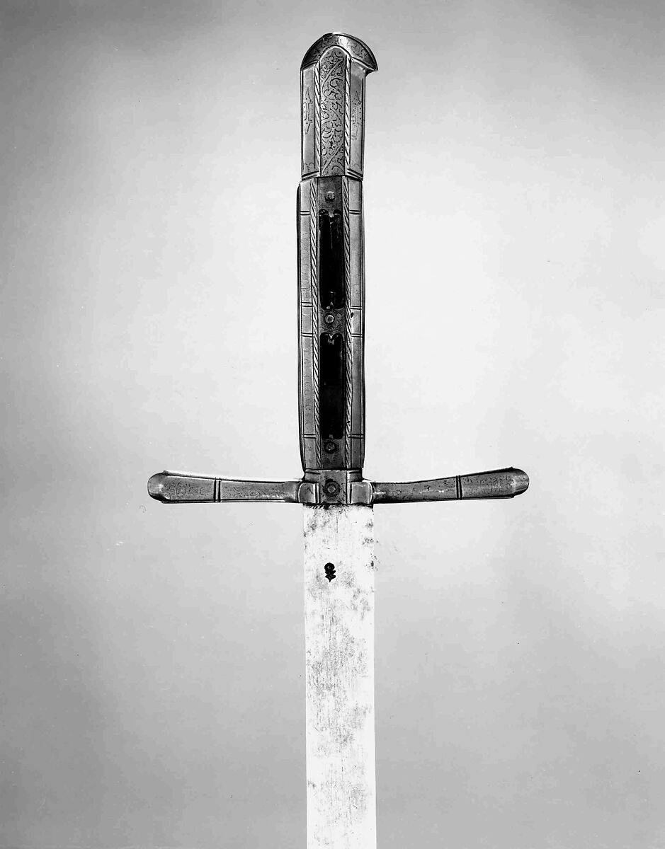 Hunting Sword, Attributed to Hans Sumersperger (Austrian, Hall, active 1492–98), Steel, copper alloy, horn, bone, Austrian, Hall 