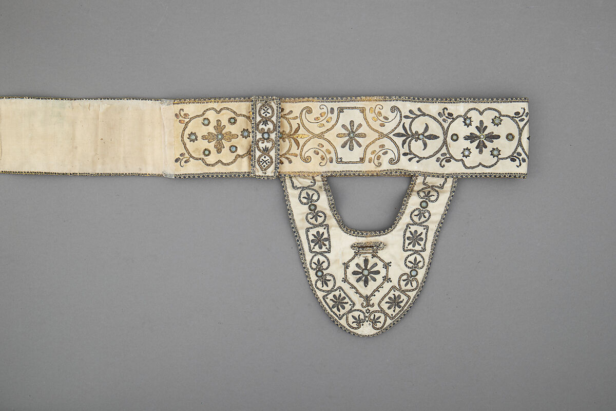 Sword Belt, Silk, spangles, mettalic yarn and coils, French