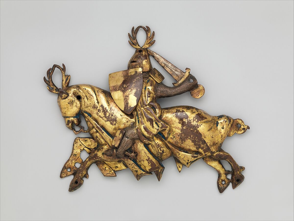 Ornamental Plaque of a Knight on Horseback, Copper alloy, gold, Western European, possibly British 
