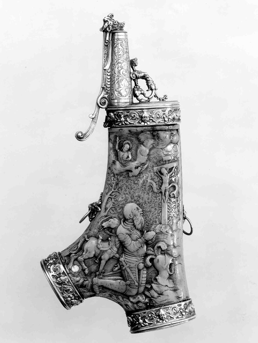 Powder Flask, Jeremias Ritter (German, recorded 1605–46), Staghorn, silver, gold, German, Nuremberg