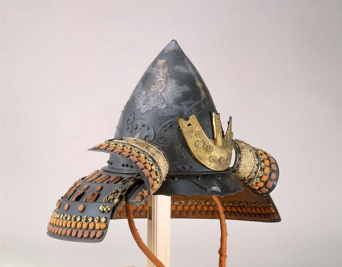 Armor (<i>Gusoku</i>), Helmet signed by Saotome Ietada (Japanese, Edo period, active early–mid-19th century), Iron, silk, copper, gold, Japanese and European 