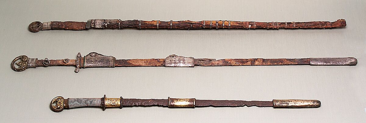 Sword with Scabbard Mounts, Iron, bronze, gold, silver, wood, Chinese 