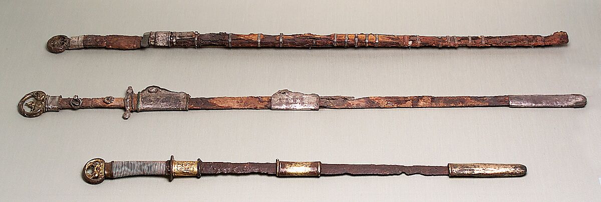 Sword with Scabbard Mounts, Iron, bronze, gold, silver, wood, Chinese