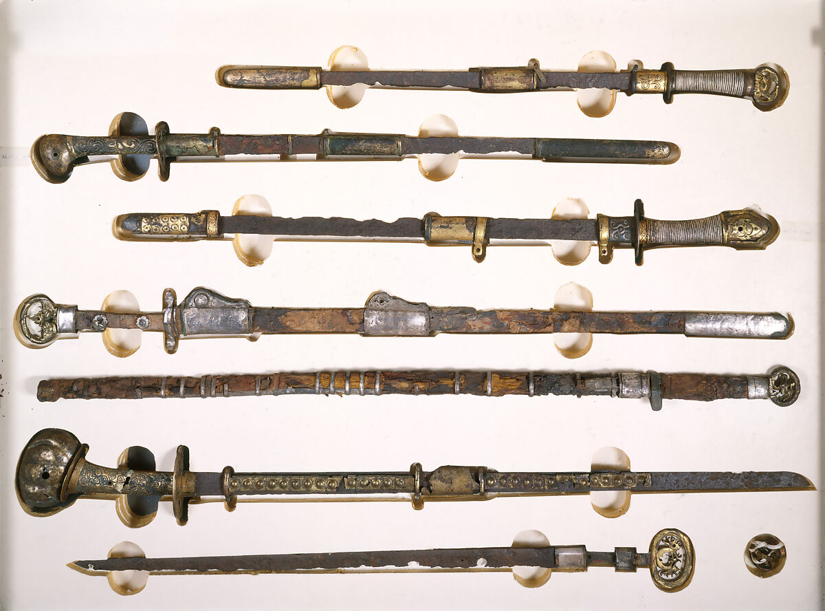 Sword with Scabbard Mounts, Iron, bronze, gold, silver, wood, Chinese
