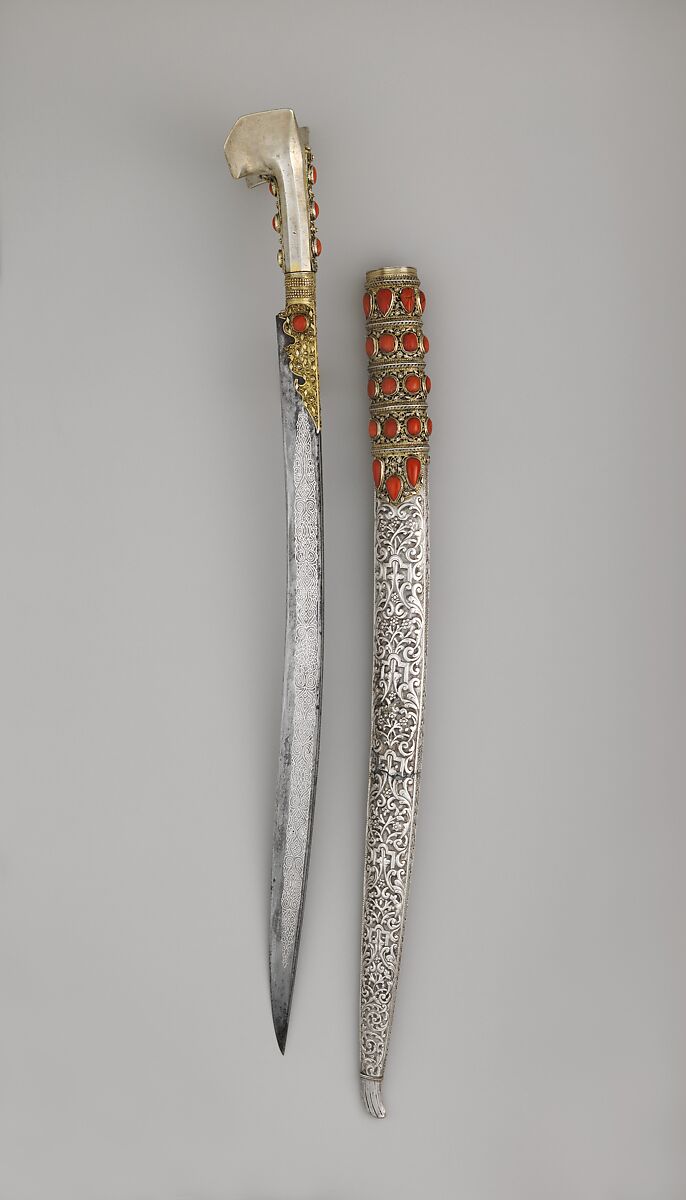 Yatagan with Scabbard, Steel, silver, gold, coral, Anatolian or Balkan 