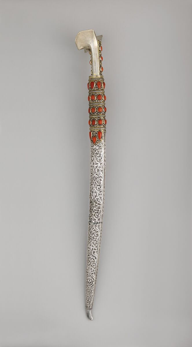 Yatagan with Scabbard, Steel, silver, gold, coral, Anatolian or Balkan