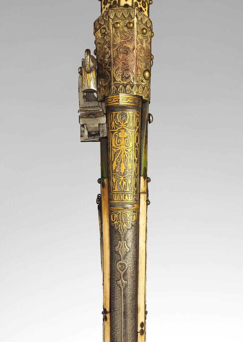 Miquelet Rifle, Steel, wood, ivory, copper alloys, mother-of-pearl, gold, silver, glass paste, Turkish