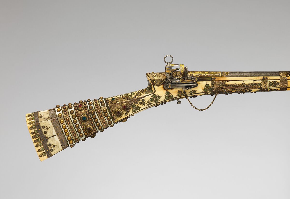 Miquelet Rifle, Steel, wood, ivory, copper alloys, mother-of-pearl, gold, silver, glass paste, Turkish