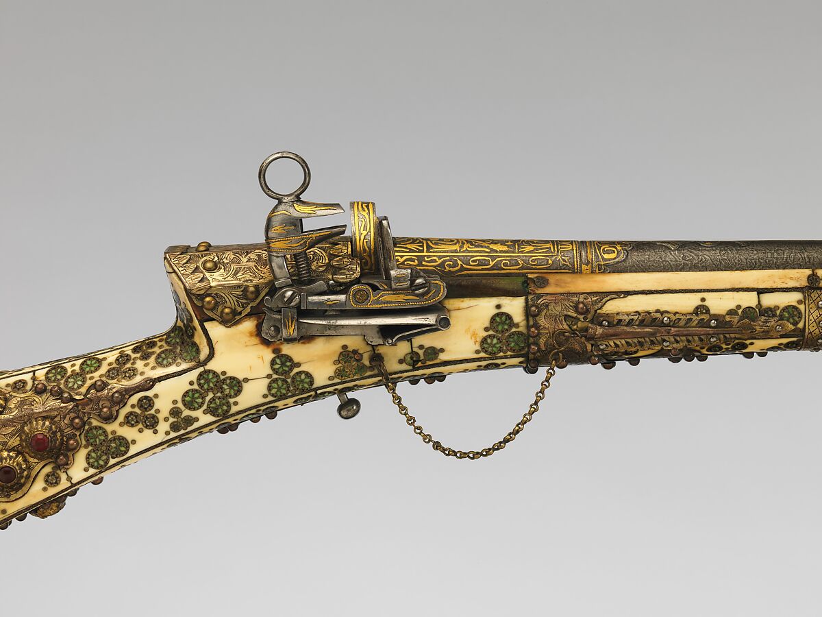 Miquelet Rifle, Steel, wood, ivory, copper alloys, mother-of-pearl, gold, silver, glass paste, Turkish