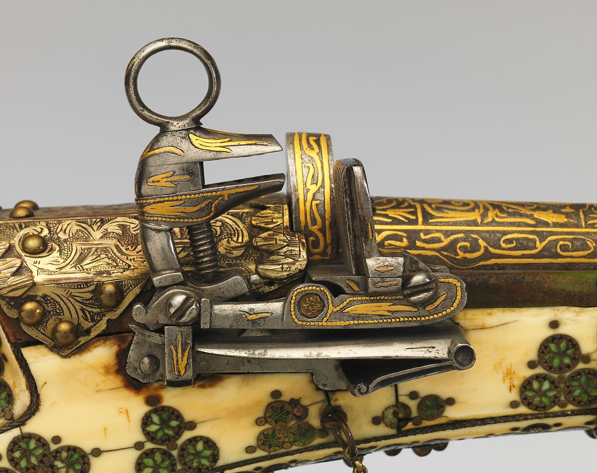 Miquelet Rifle, Steel, wood, ivory, copper alloys, mother-of-pearl, gold, silver, glass paste, Turkish