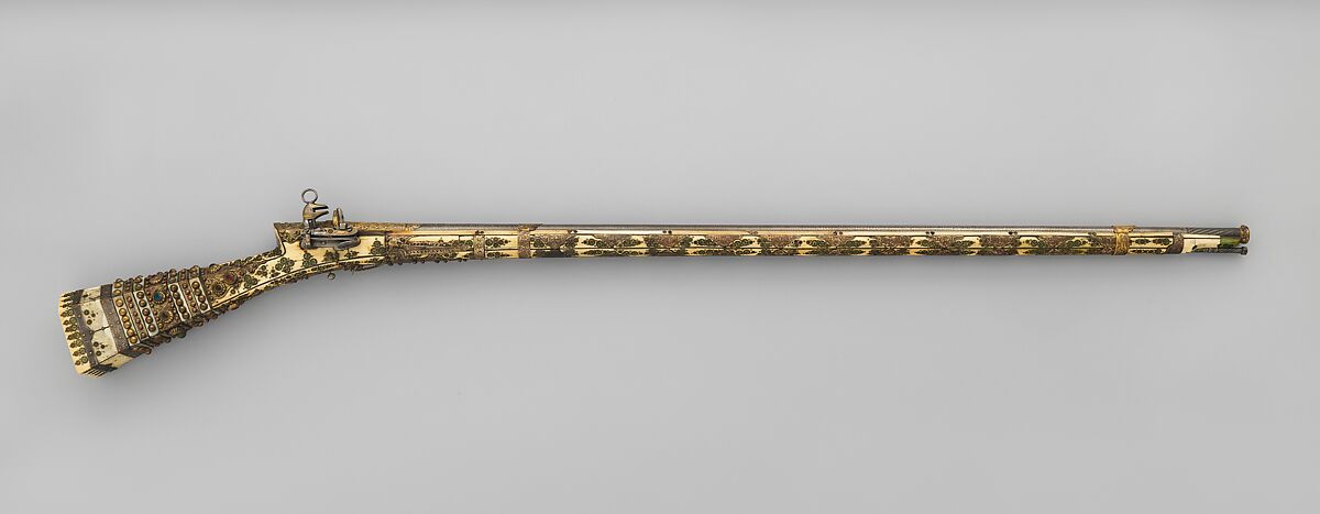 Miquelet Rifle, Steel, wood, ivory, copper alloys, mother-of-pearl, gold, silver, glass paste, Turkish 