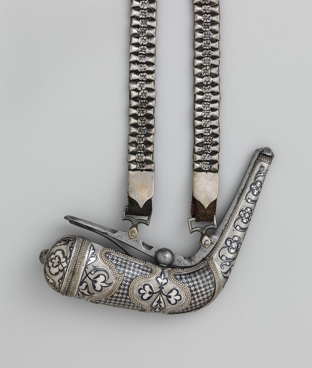 Priming Flask with Baldric, Silver, niello, textile, Caucasian