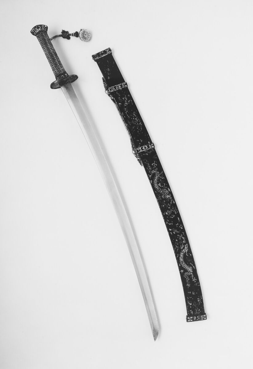 Sword (Peidao) with Scabbard, Steel, wood, iron, mother-or-pearl, gold, coral, malachite, lapis lazuli, silk, lacquer, blade, Japanese; mounting, Chinese 