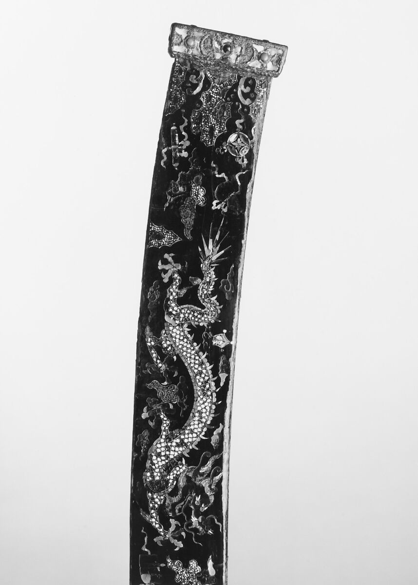 Sword (Peidao) with Scabbard, Steel, wood, iron, mother-or-pearl, gold, coral, malachite, lapis lazuli, silk, lacquer, blade, Japanese; mounting, Chinese