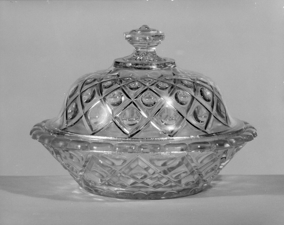 Covered Butter Dish, Pressed glass, diamond thumbprint, American 