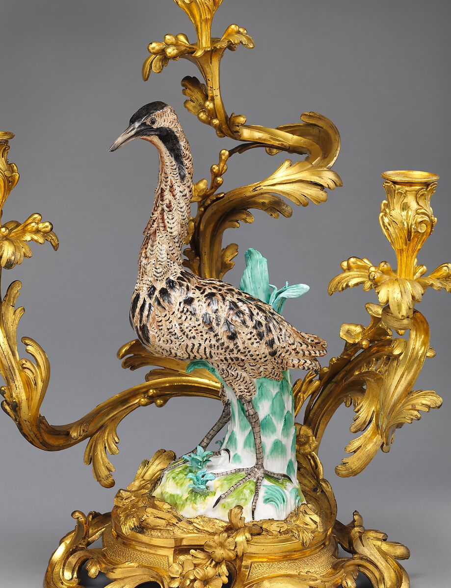 Three-light candelabra (candélabra or girandole) (one of a pair), Model for bittern attributed to Johann Joachim Kändler (German, Fischbach 1706–1775 Meissen), Hard-paste porcelain; gilt-bronze mounts, German, Meissen with French, Paris mounts