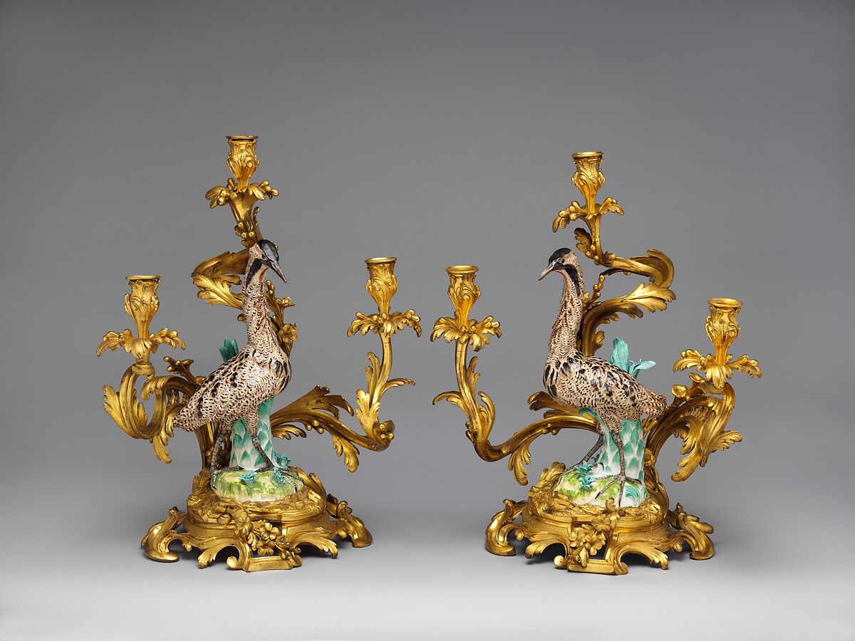 Three-light candelabra (candélabra or girandole) (one of a pair), Model for bittern attributed to Johann Joachim Kändler (German, Fischbach 1706–1775 Meissen), Hard-paste porcelain; gilt-bronze mounts, German, Meissen with French, Paris mounts 