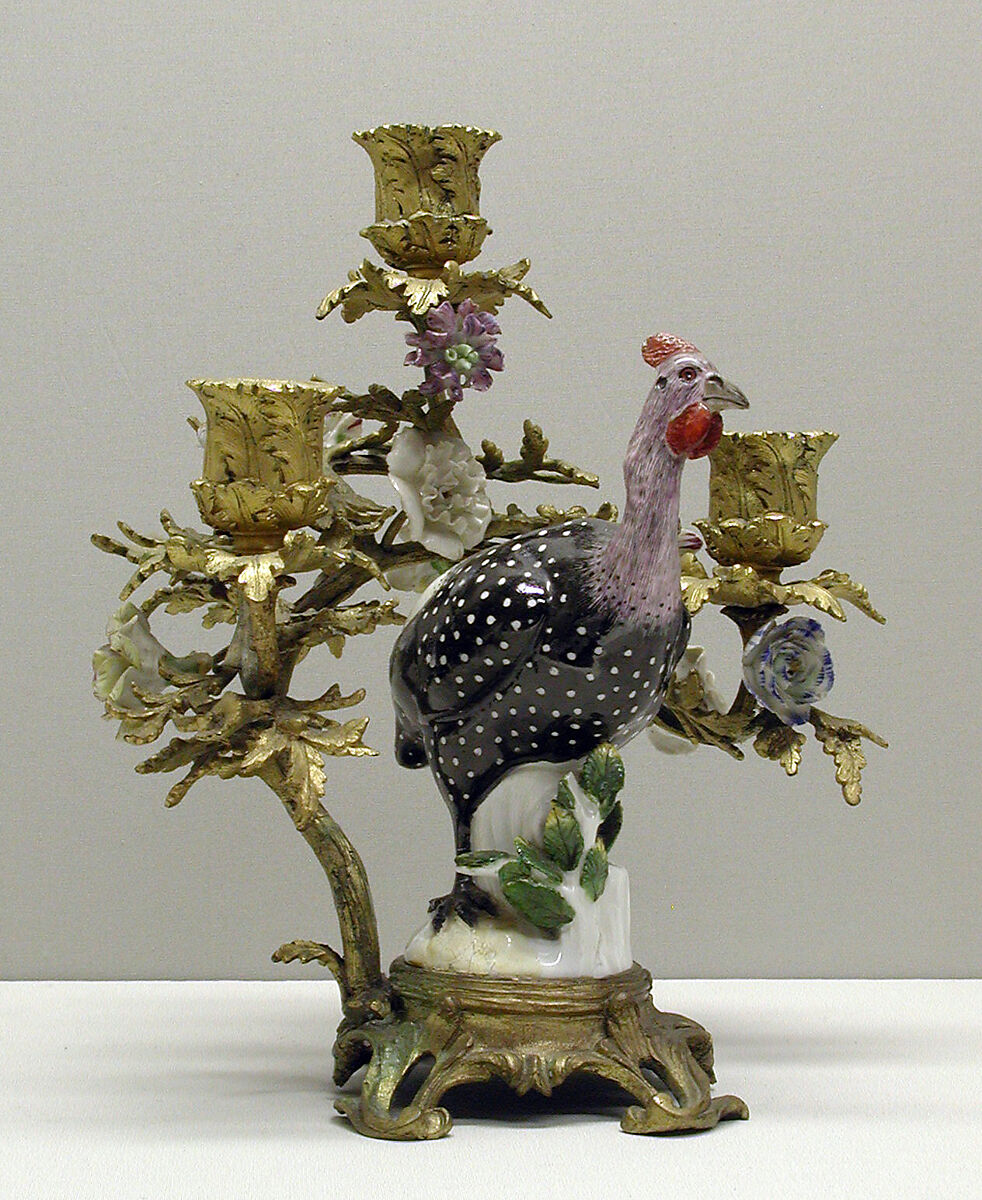 Candelabra with Meissen bird (one of a pair), Meissen Manufactory (German, 1710–present), Gilt bronze and porcelain, German, Meissen with French mounts 