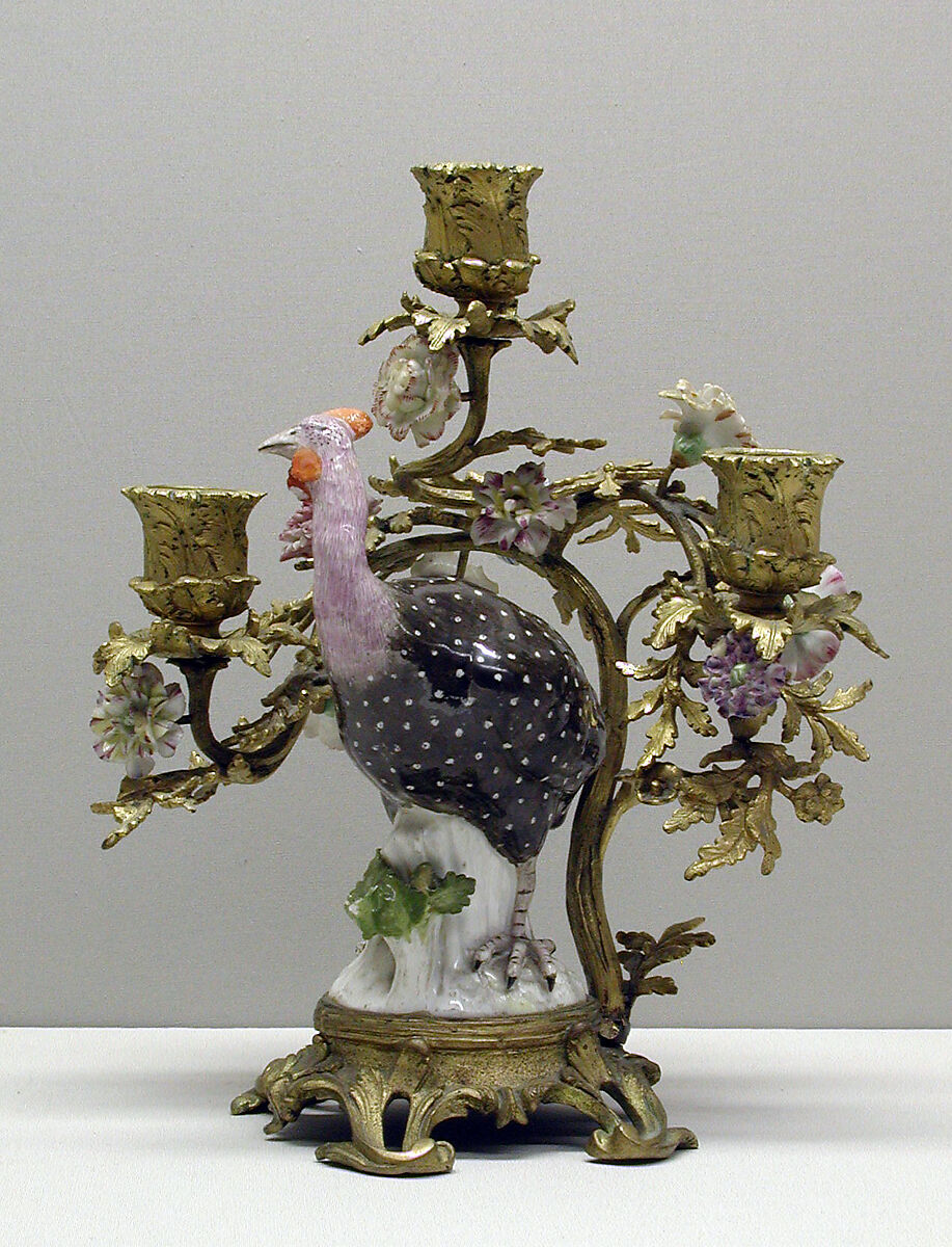 Candelabra with Meissen bird (one of a pair), Meissen Manufactory (German, 1710–present), Gilt bronze and porcelain, German, Meissen with French mounts 
