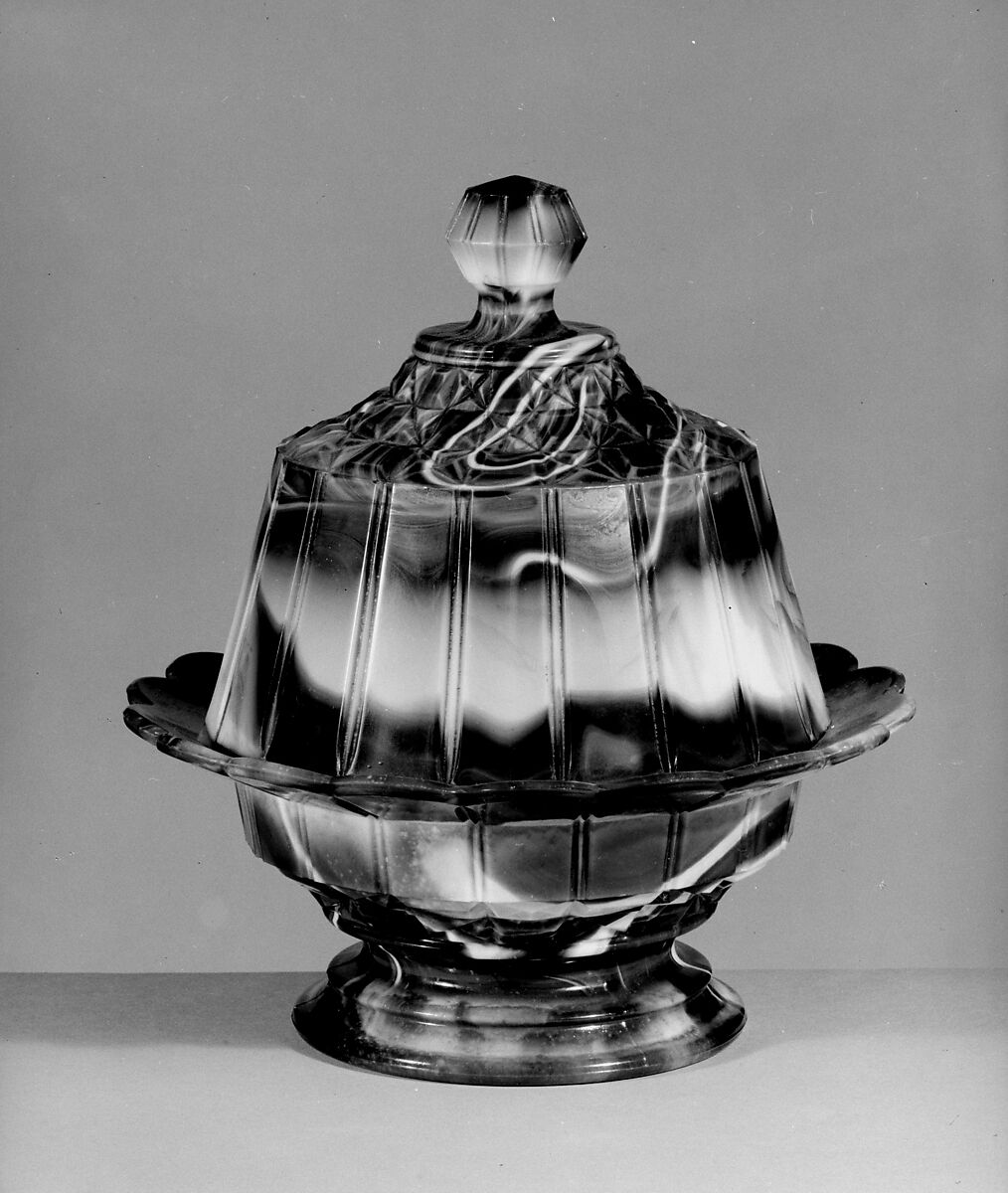 Covered butter dish, Challinor, Taylor and Company (1866–1891), Pressed purple marble glass, American 