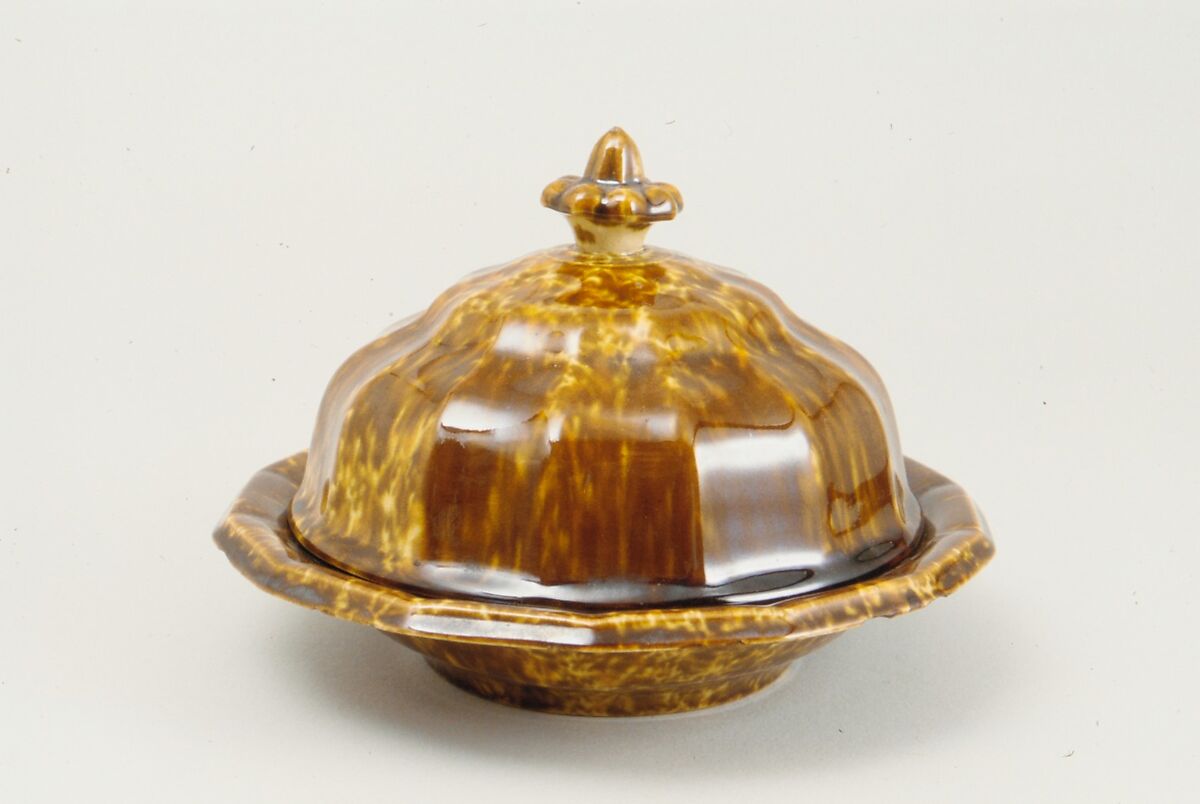 Covered Butter Dish, United States Pottery Company (1852–58), Mottled brown earthenware, American 