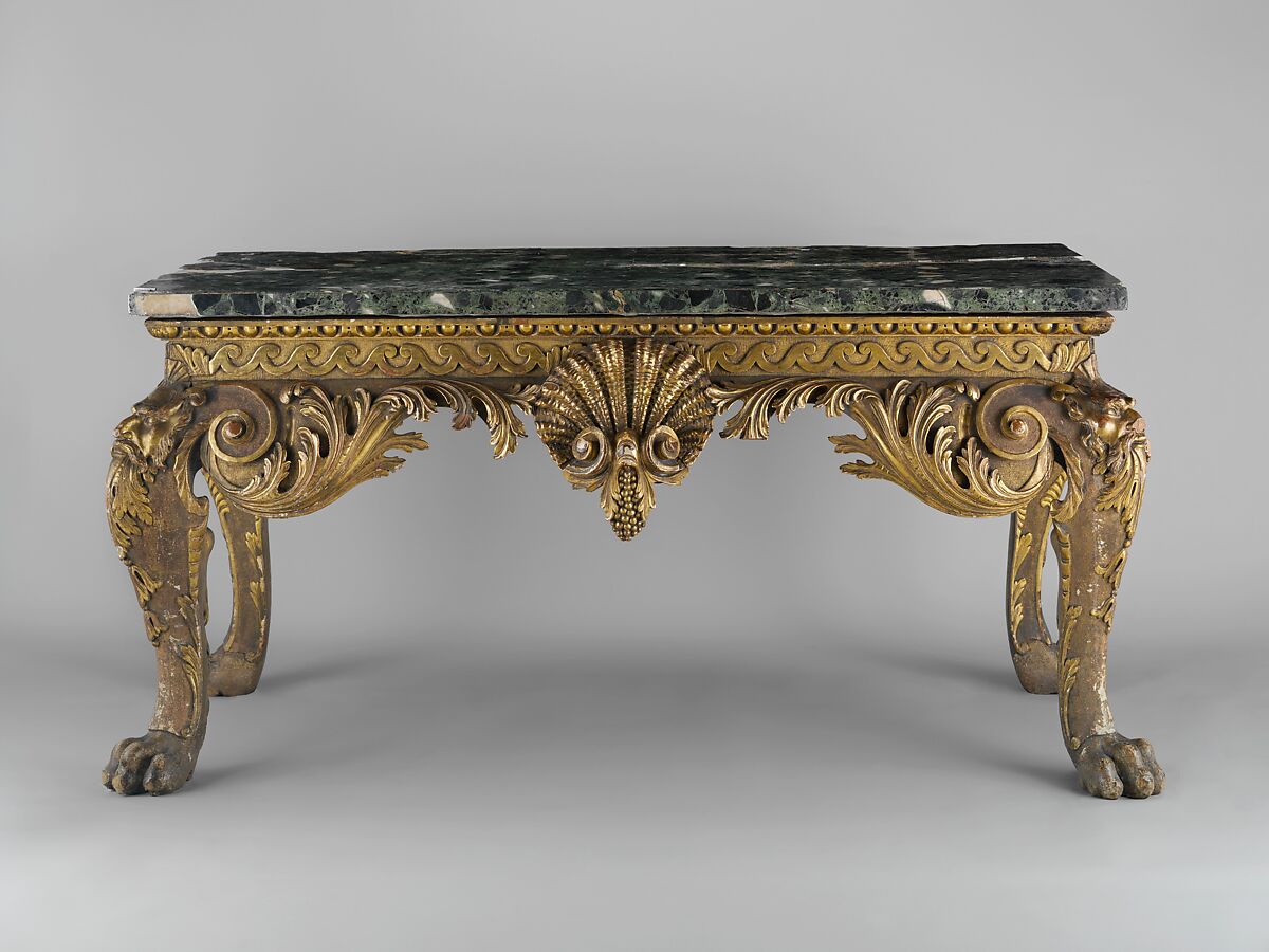 Side table (one of a pair), After a design by Matthias Lock (British, London ca. 1710–ca. 1765 London), Carved gilded pine with modern scagliola top, British 