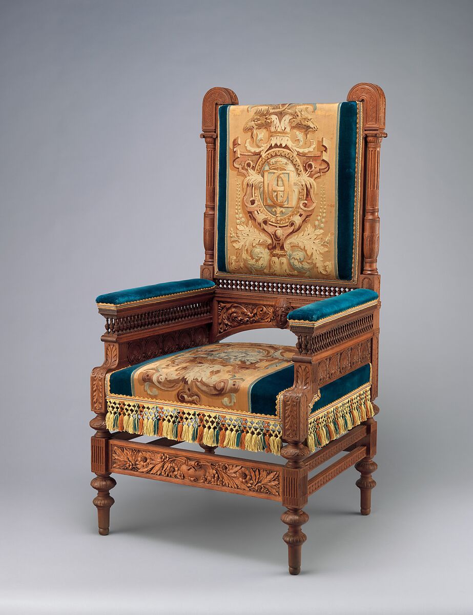Armchair, Pottier and Stymus Manufacturing Company (active ca. 1858–1918/19), Black walnut, original and reproduction upholstery, American