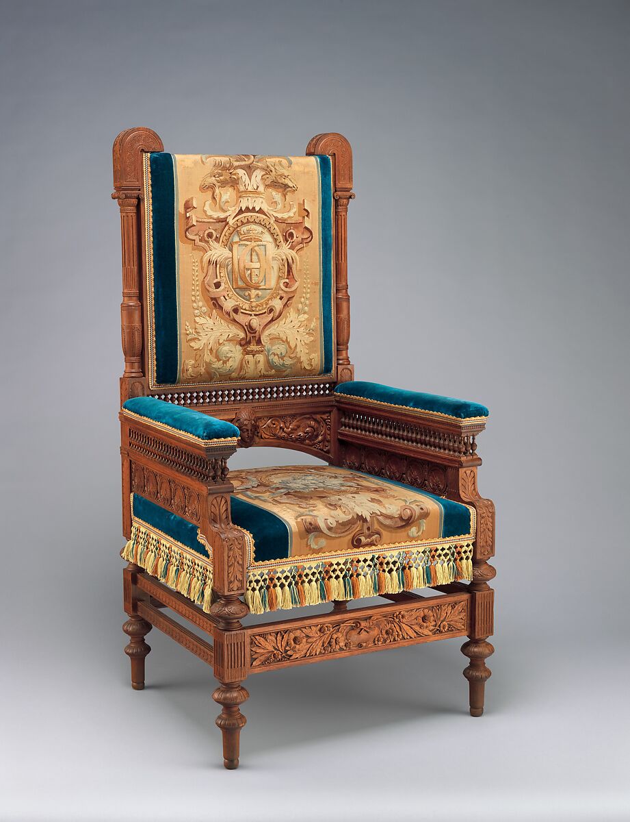 Armchair, Pottier and Stymus Manufacturing Company, Black walnut, original and reproduction upholstery, American