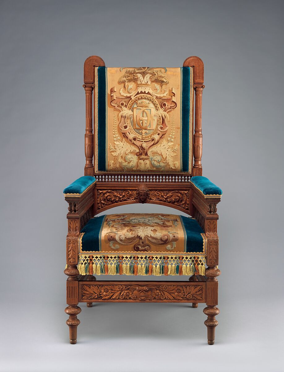 Armchair, Pottier and Stymus Manufacturing Company (active ca. 1858–1918/19), Black walnut, original and reproduction upholstery, American