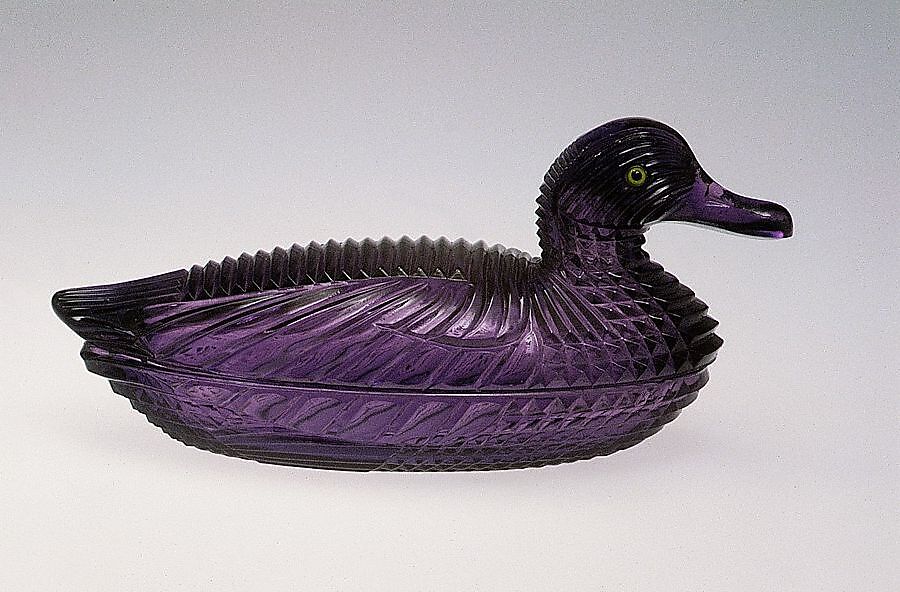 Covered Figural Dish, Atterbury and Company (ca. 1867–1893), Pressed clear amethyst, black and green opaque glass, American 