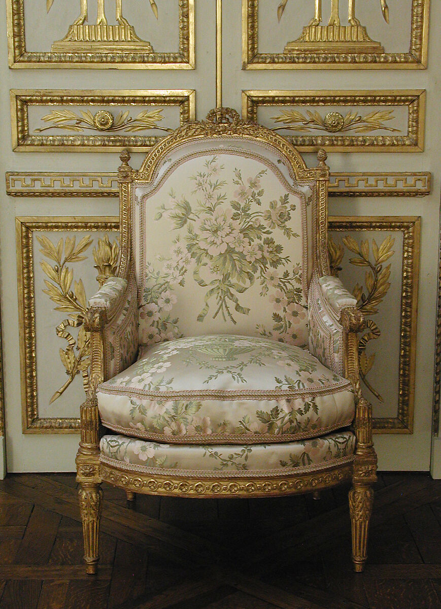 Armchair (Bergère à la reine) (one of a pair) (part of a set), Jean-Baptiste-Bernard Demay (1759–1849, master 1784), Carved and gilded walnut, modern silk lampas, French 