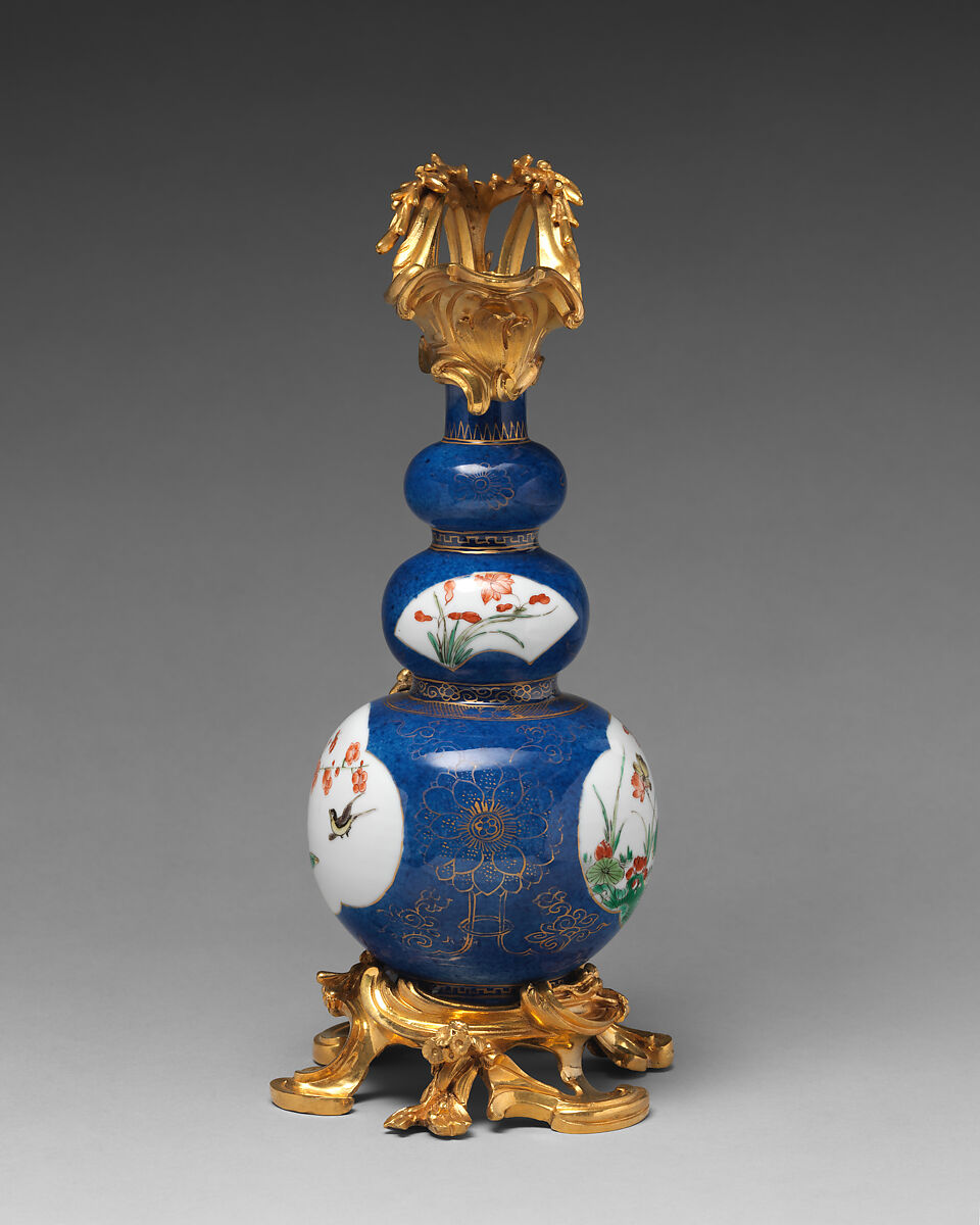 Triple gourd vase (one of a pair), Hard-paste porcelain, gilt-bronze mounts, Chinese with French mounts