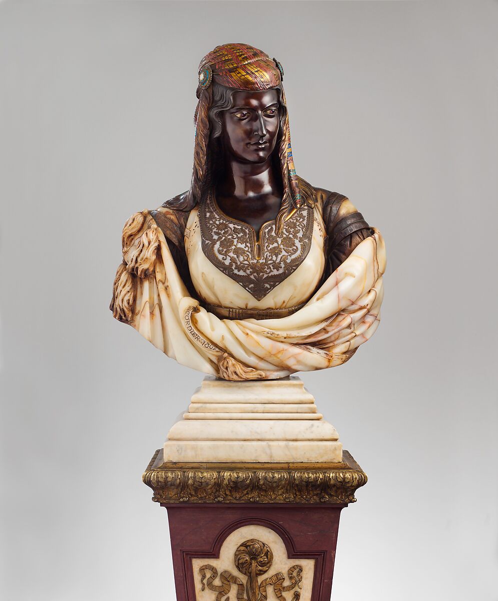 Pedestal [Woman of Algiers], Charles-Henri-Joseph Cordier (French, 1827–1905), Red and white marble pedestal with gilt-bronze mounts and ornaments, French, Paris