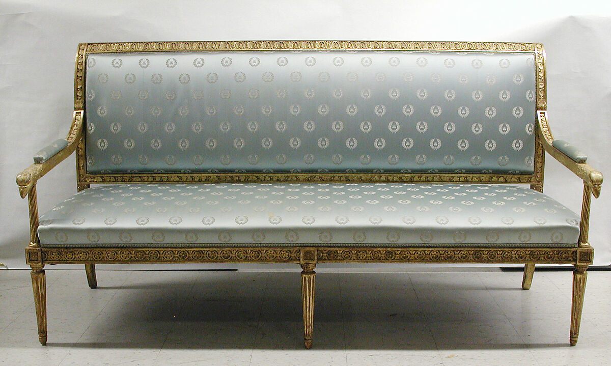 Settee, Andrei Nikiforovich Voronikhin (Russian), Light colored hardwood, carved, gilded and painted; light blue silk show cover (later), Russian, St. Petersburg