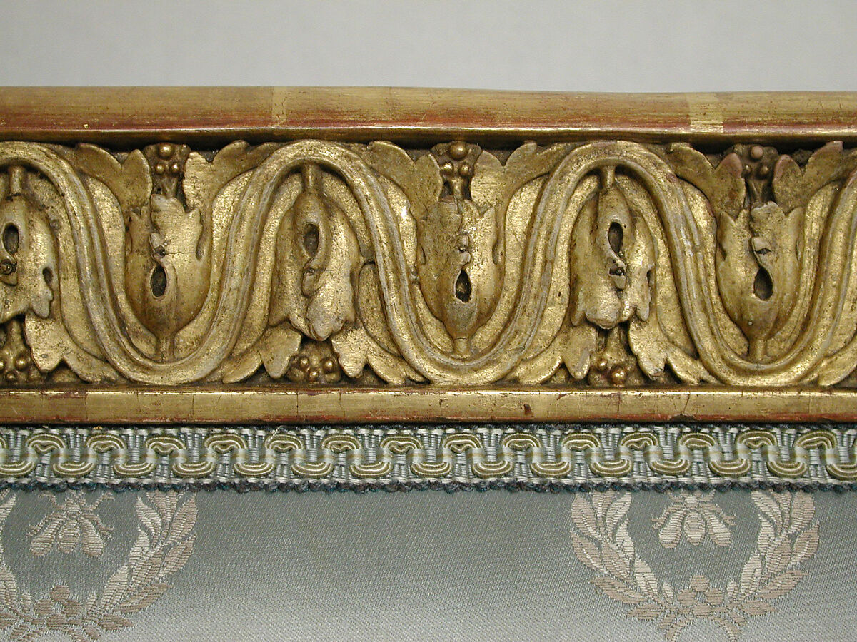 Settee, Andrei Nikiforovich Voronikhin (Russian), Light colored hardwood, carved, gilded and painted; light blue silk show cover (later), Russian, St. Petersburg