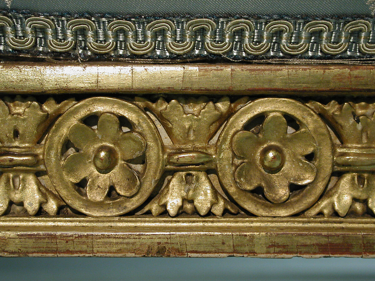 Settee, Andrei Nikiforovich Voronikhin (Russian), Light colored hardwood, carved, gilded and painted; light blue silk show cover (later), Russian, St. Petersburg