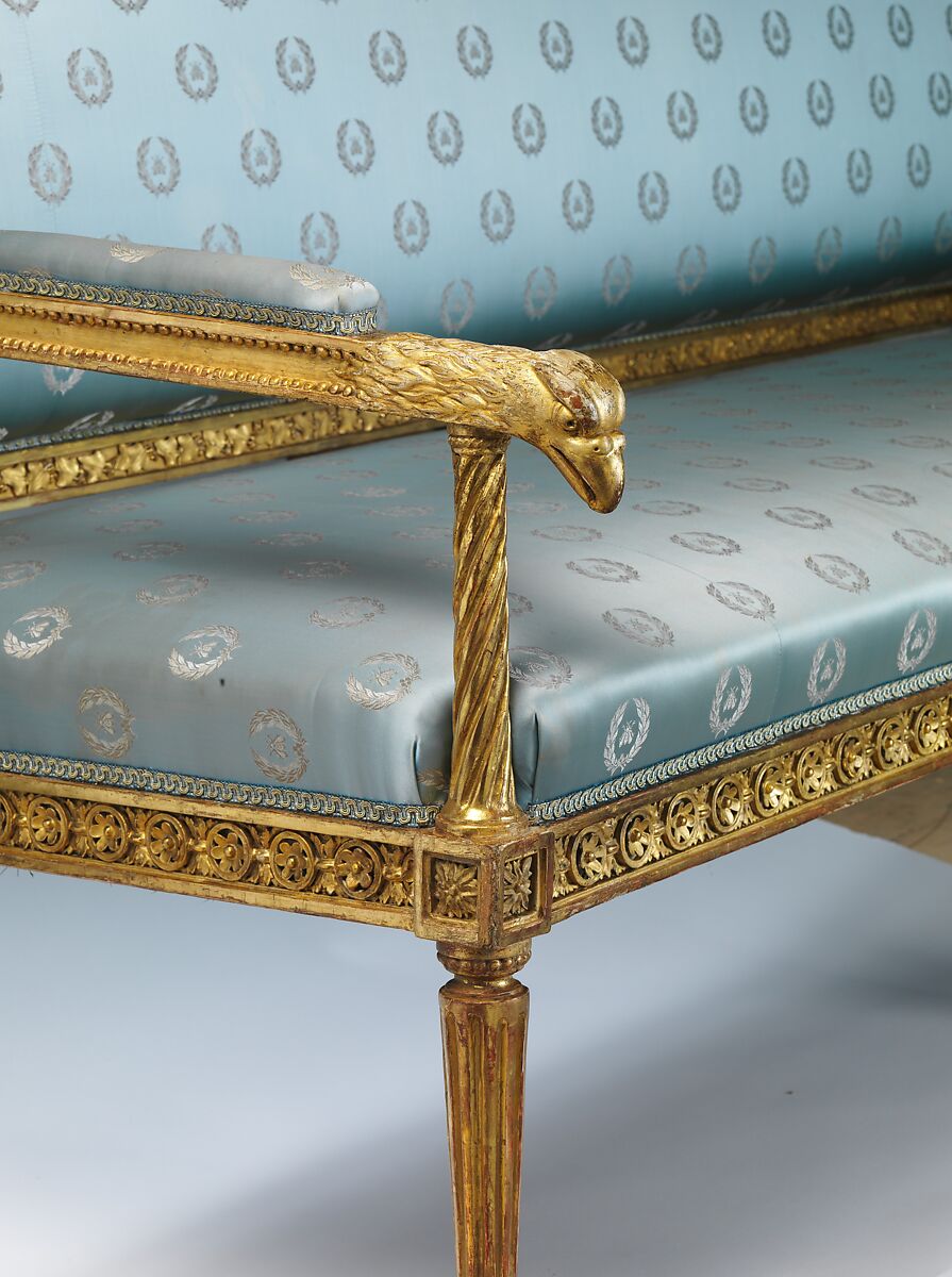 Settee, Andrei Nikiforovich Voronikhin (Russian), Light colored hardwood, carved, gilded and painted; light blue silk show cover (later), Russian, St. Petersburg