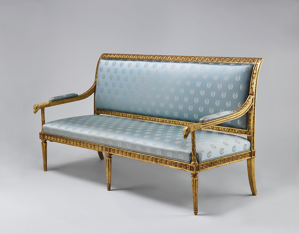 Settee, Andrei Nikiforovich Voronikhin (Russian), Light colored hardwood, carved, gilded and painted; light blue silk show cover (later), Russian, St. Petersburg 