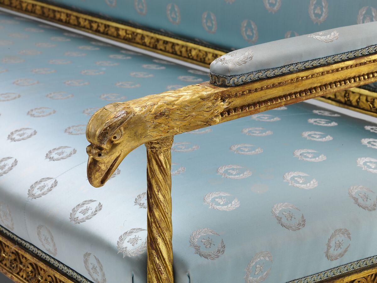 Settee, Andrei Nikiforovich Voronikhin (Russian), Light colored hardwood, carved, gilded and painted; light blue silk show cover (later), Russian, St. Petersburg