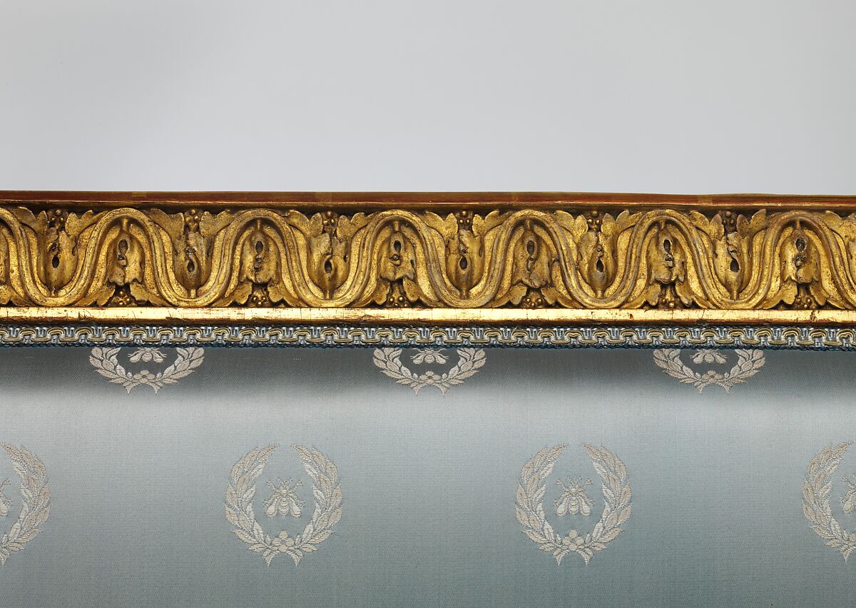 Settee, Andrei Nikiforovich Voronikhin (Russian), Light colored hardwood, carved, gilded and painted; light blue silk show cover (later), Russian, St. Petersburg