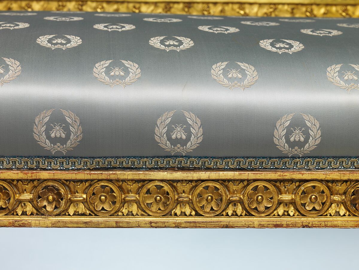 Settee, Andrei Nikiforovich Voronikhin (Russian), Light colored hardwood, carved, gilded and painted; light blue silk show cover (later), Russian, St. Petersburg
