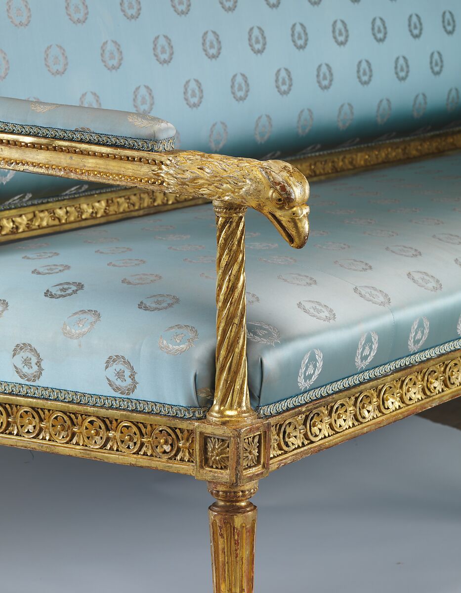 Settee, Andrei Nikiforovich Voronikhin (Russian), Light colored hardwood, carved, gilded and painted; light blue silk show cover (later), Russian, St. Petersburg
