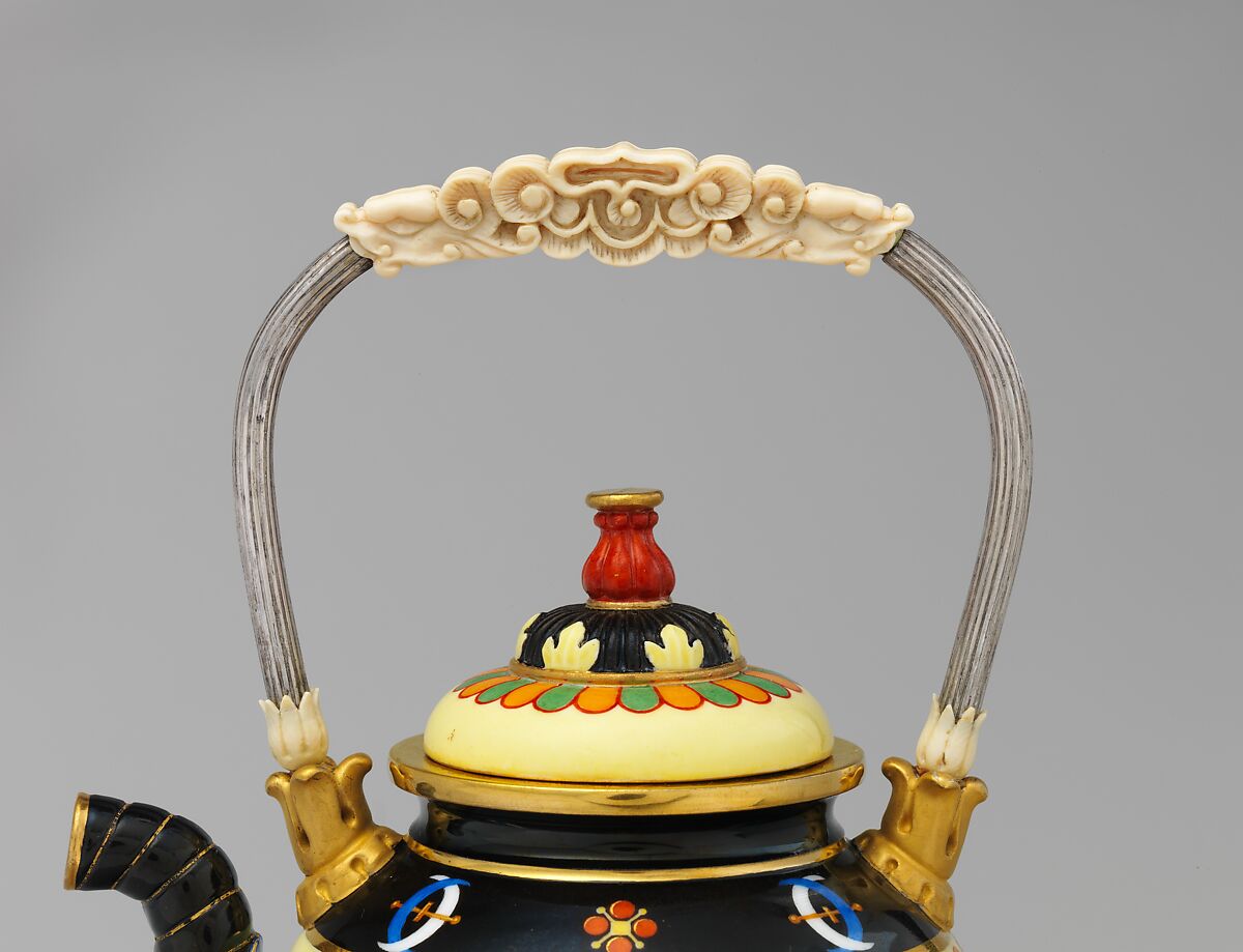 Teapot (Théière chinoise), Sèvres Manufactory (French, 1740–present), Hard-paste porcelain decorated in polychrome enamels, gold, silver, ivory, French, Sèvres